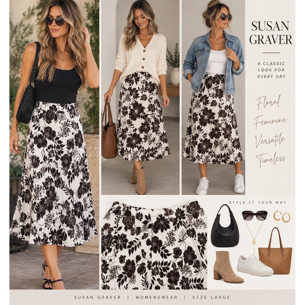 Susan Graver Skirt Womens Large Brown White Floral A-Line Midi Stretch Pull On